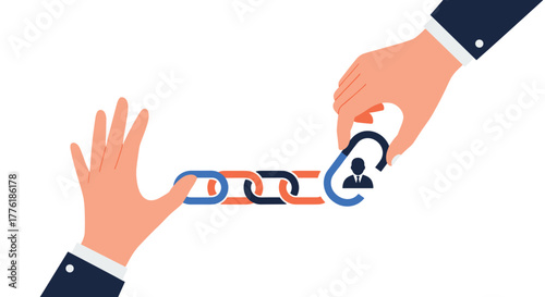 Business hands connecting a chain with a final link containing a person icon, representing recruitment or completing a team.