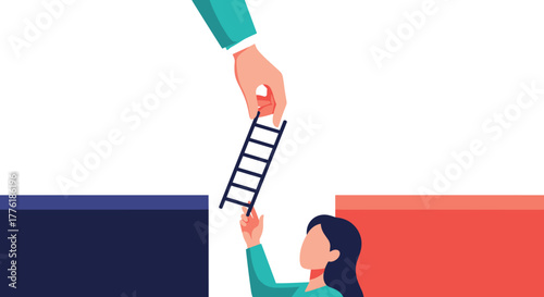 Concept of mentorship and support with a large hand offering a small ladder to help a woman cross a gap between two platforms.