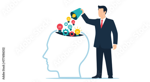 Businessman pouring ideas, lightbulbs, and gears into a large silhouette of a human head, symbolizing knowledge transfer and training.