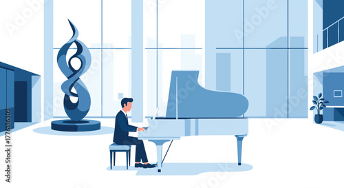 Elegant businessman playing a grand piano in a spacious, modern corporate lobby, representing creativity, skill, and work-life balance.