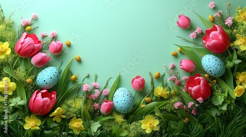 Colorful spring flowers and decorated eggs create a festive Easter scene with a pastel background