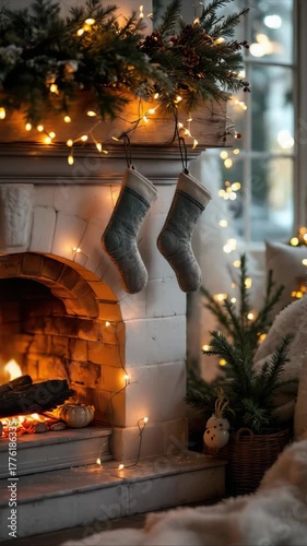 Cozy christmas fireplace with stockings and twinkling lights in festive living room