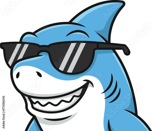Cool shark character wearing sunglasses smiling wide ready for fun and adventure isolated on transparent background