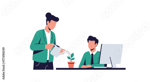 Manager mentoring an employee by watering a small plant on his desk, symbolizing growth, development, and nurturing talent.