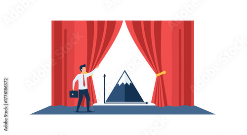 Businessman pulling back red curtains to reveal a mountain peak on a growth chart, symbolizing the unveiling of a new strategy.