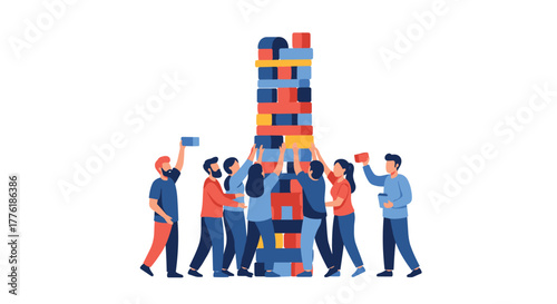 Group of people playing a giant block tower game, representing teamwork, strategy, risk management, and collaboration in business.