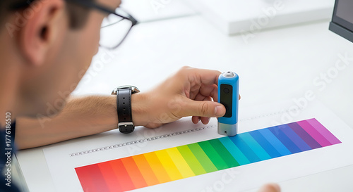 Precise Color Matching: Man Using a Spectrophotometer to Ensure Accurate Color Reproduction for Print or Digital Media, Emphasizing Quality Control in Design Workflows