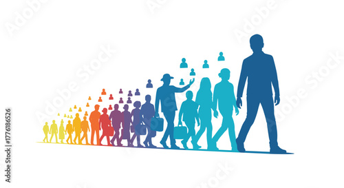 Colorful silhouettes of a crowd following a leader, growing from a small group to a larger one, symbolizing influence and growth.