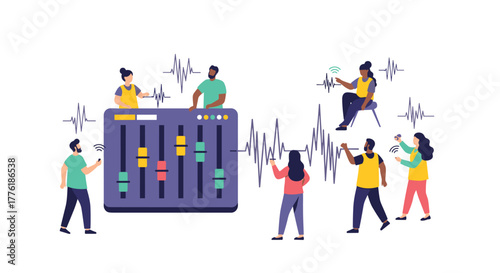 Diverse group of people interacting with a large audio mixing console, representing collective voice, podcasting, or communication.