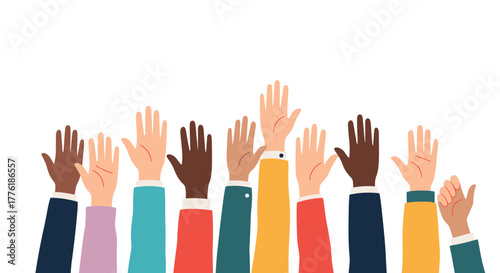 Diverse group of multicultural hands raised in the air, representing volunteering, participation, questions, or a shared consensus.
