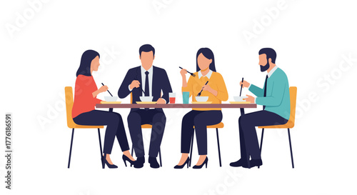 Group of four colleagues having lunch together at a table, representing a friendly office environment and team bonding during a break.