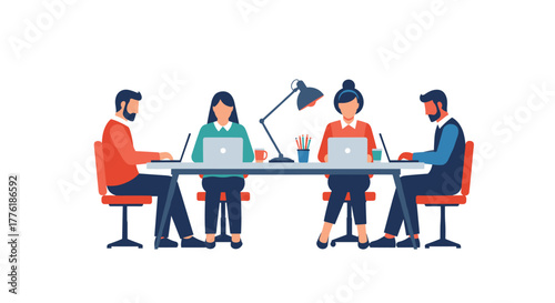 Four colleagues working on laptops at a shared desk in a modern open-plan office, concept of co-working and team collaboration.