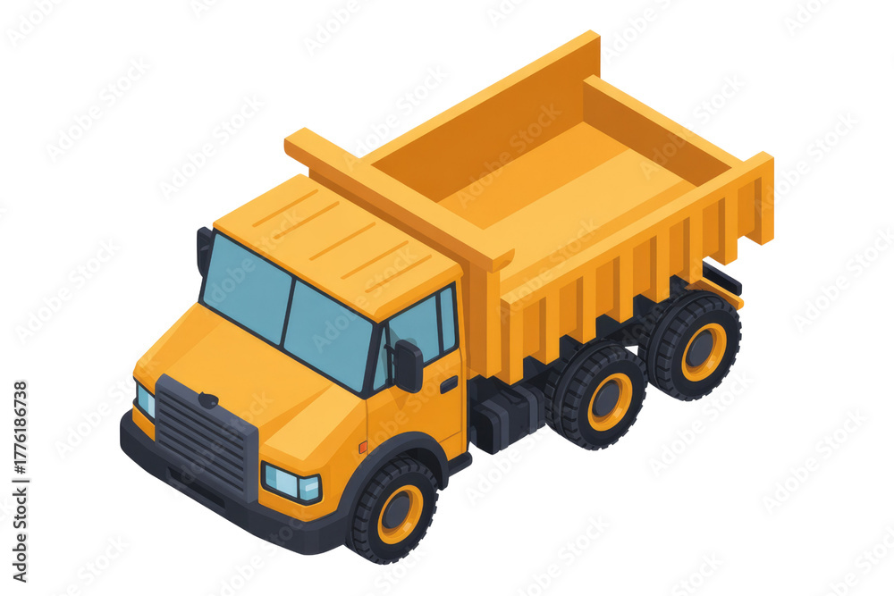 Naklejka premium A bright yellow isometric dump truck is depicted on a transparent background. This heavy-duty vehicle is ready for construction or transport tasks. background removed