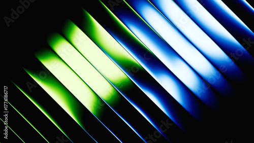 Wallpaper Mural 3d rendering. Abstract geometric background. Polished chrome texture with blue green gradient. Ribbed glass illuminated with neon light Torontodigital.ca