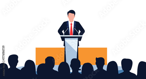 Confident businessman in a suit giving a speech from a podium to a large, silhouetted audience at a conference or event.