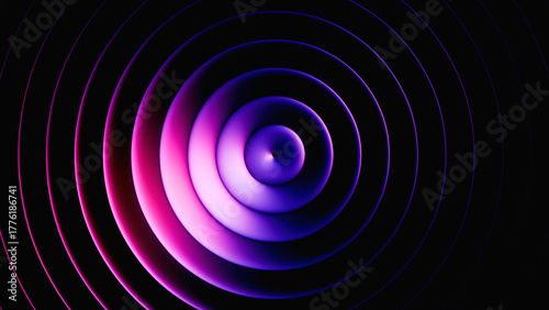 3d render. Layered rings with purple gradient effect. Abstract geometric background of ribbed glass illuminated with pink blue neon light