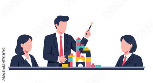 Business leader using a magic wand to build a castle from toy blocks, explaining a creative strategy to two female colleagues.