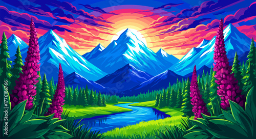 Vibrant pixel art illustration of a majestic mountain range at sunrise with a river flowing through a lush green valley