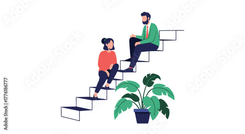 Man and woman having an informal conversation while sitting on a staircase, suggesting a casual business meeting or a work break.