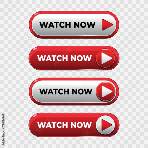 Red Watch Now button set for play video and watch video now buttons for website interface and video player UI vector illustration