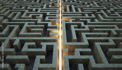 Overhead View of an Intricate Maze with a Straight Glowing Path