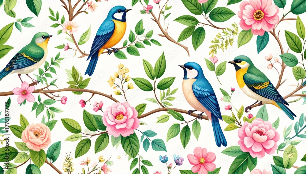Fototapeta premium Cute bird pattern on branch with flowers and leaves seamless abstract illustration