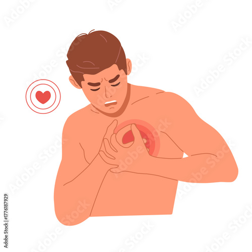 Vector sick man holding his chest with heart pain. Cardiological symptoms of a heart attack or cardiac arrhythmia. Discomfort and heartache in breast as a result of high blood pressure and infarction