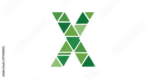 Abstract geometric letter x formed from green triangles in a mosaic pattern