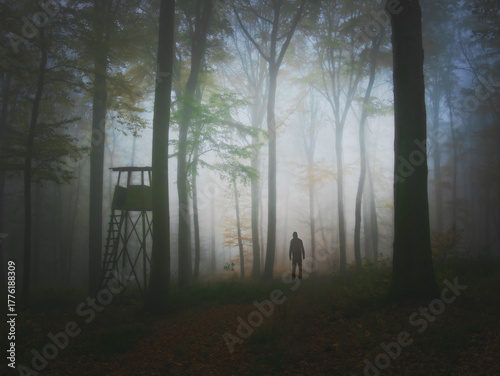 Creepy mysterious foggy forest during autumn day with a man observing nature and colorful foliage