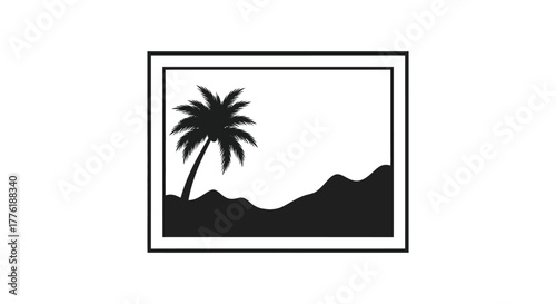 Minimalist silhouette of a palm tree against a backdrop of rolling hills and mountains in a square frame