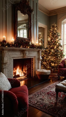 Cozy christmas living room with decorated tree and lit fireplace in elegant victorian style