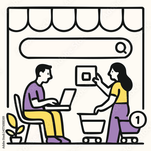 Online shopping teamwork product discussion web project development vector graphic