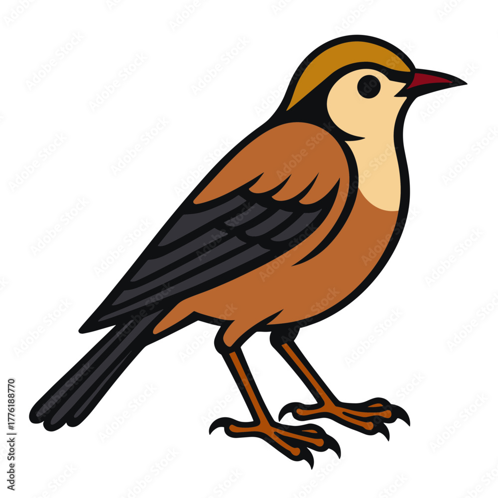 Fototapeta premium Colorful cartoon bird standing with vibrant plumage, nature illustration