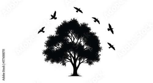 Silhouette of a large leafy tree with a flock of birds flying around it against a white background