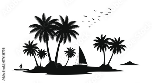 Silhouette of a tropical island paradise with palm trees a sailboat and a lone figure on a paddleboard