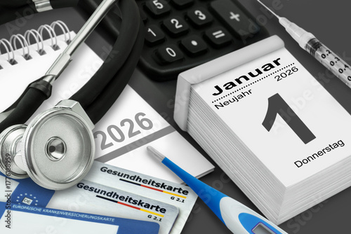 Medizin und Deutscher Kalender Datum 1. Januar 2026   Rechner Stethoskop  Gesundheitskarte