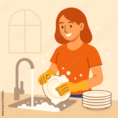 Smiling woman washing dishes by hand in kitchen sink with soap foam and running water. Domestic chores and home cleaning concept in flat vector style.