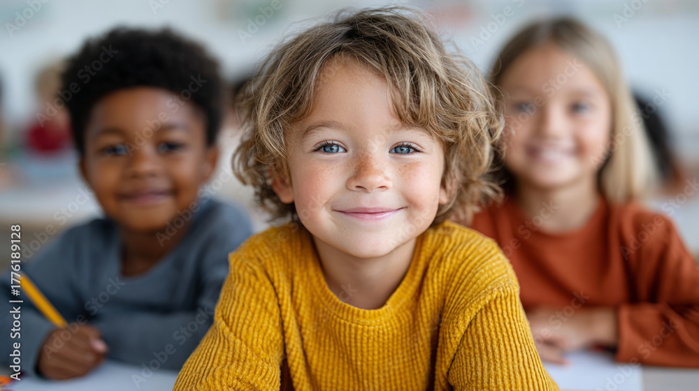 Obraz premium Joyful start of the school year: diverse group of children in classroom setting