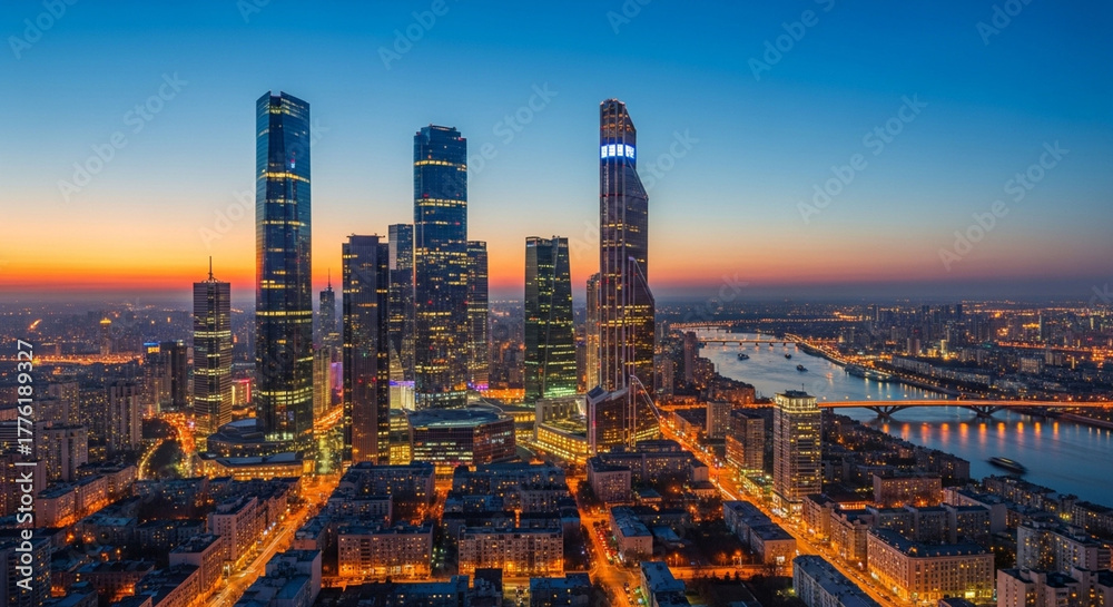 Fototapeta premium Hong Kong's iconic city skyline at night featuring illuminated skyscrapers and a breathtaking urban view