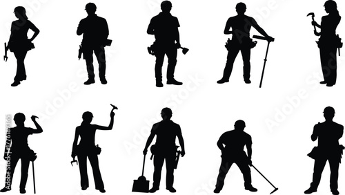 Construction worker silhouette, labor icon, black graphic, vector illustration, tool usage, manual work, hammer, shovel