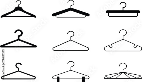 Clothes hanger silhouette, wardrobe icon, black graphic, vector illustration, closet accessory, garment holder, storage hook, minimalist design, fashion, organizationClothes hanger silhouette