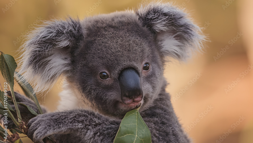 Fototapeta premium Adorable baby koala with soft gray and white fur isolated on white background, cute wildlife animal portrait symbolizing innocence, nature, and Australian fauna in a clean minimalist style