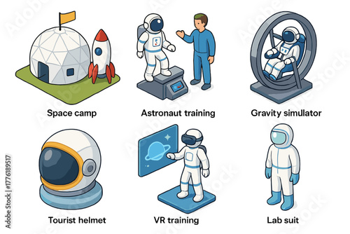 Space exploration training icons: astronaut, rocket, vr, gravity simulator