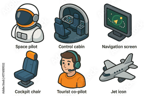 Space pilot and cockpit elements with control cabin and navigation screen