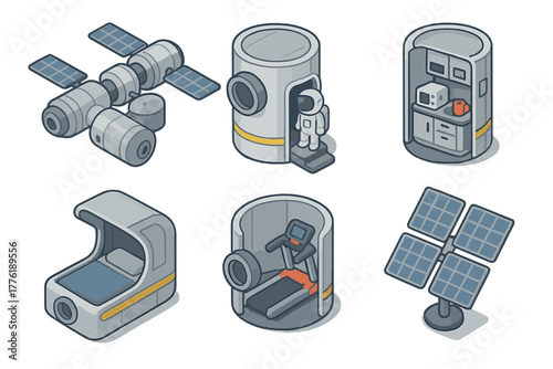Isometric space station modules with astronaut and solar panels
