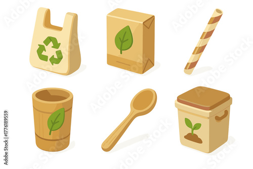 Biodegradable items with leaf designs including bag, box, straw, cup, spoon, and container
