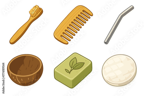 Eco-friendly personal care items: bamboo, metal, coconut, soap, and loofah
