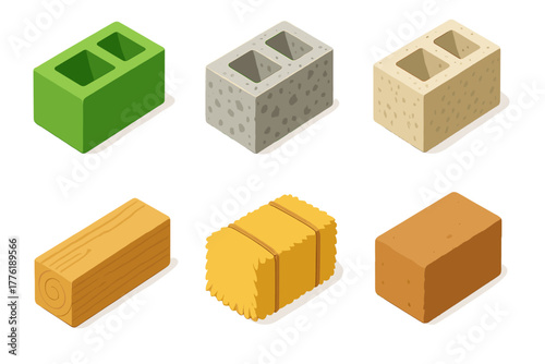 Colorful building materials collection: green brick, concrete, stone, wood, straw, clay