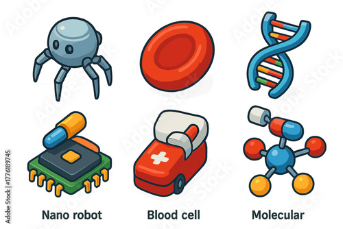 Innovative nanotechnology: nano robot, blood cell, dna, circuit, emergency kit, molecular structure