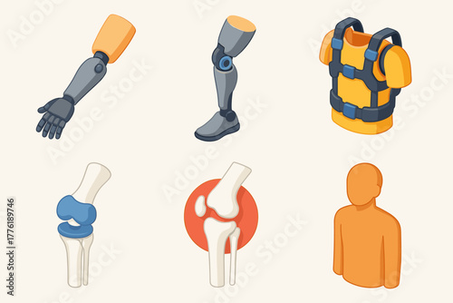 Prosthetics and human anatomy illustrations featuring limbs, joints, and torso